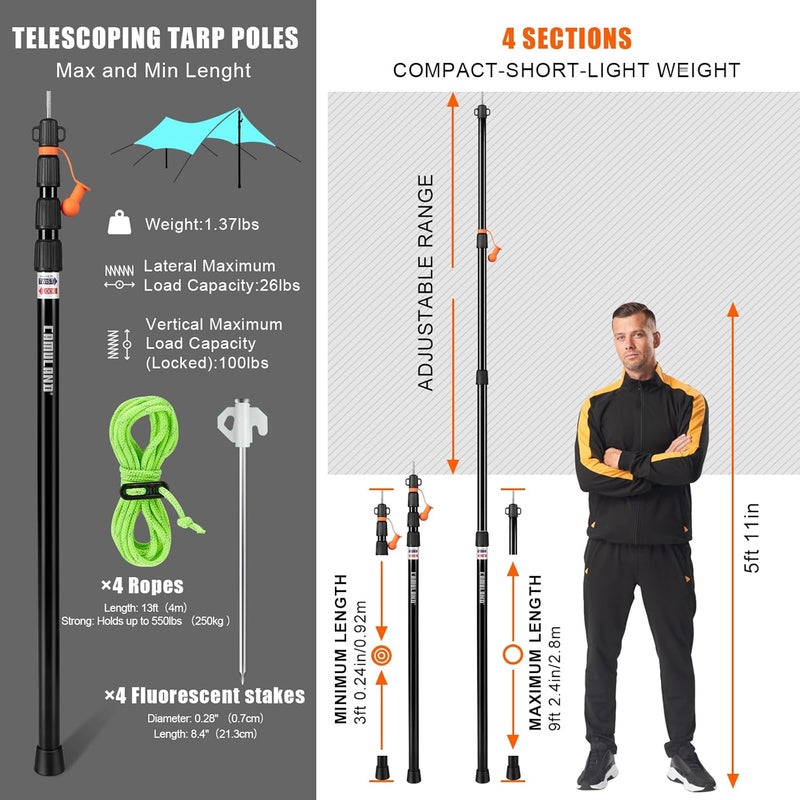 CAMOLAND Tent Poles for Tarp, Telescoping Camping Gear Accessories Stakes for Hammock Rain Fly Sun Shade Adjustable Lightweight Aluminum Set of 34.5" - 110.2" Hiking, Awning/Outdoor with Carry Bag - Image 2